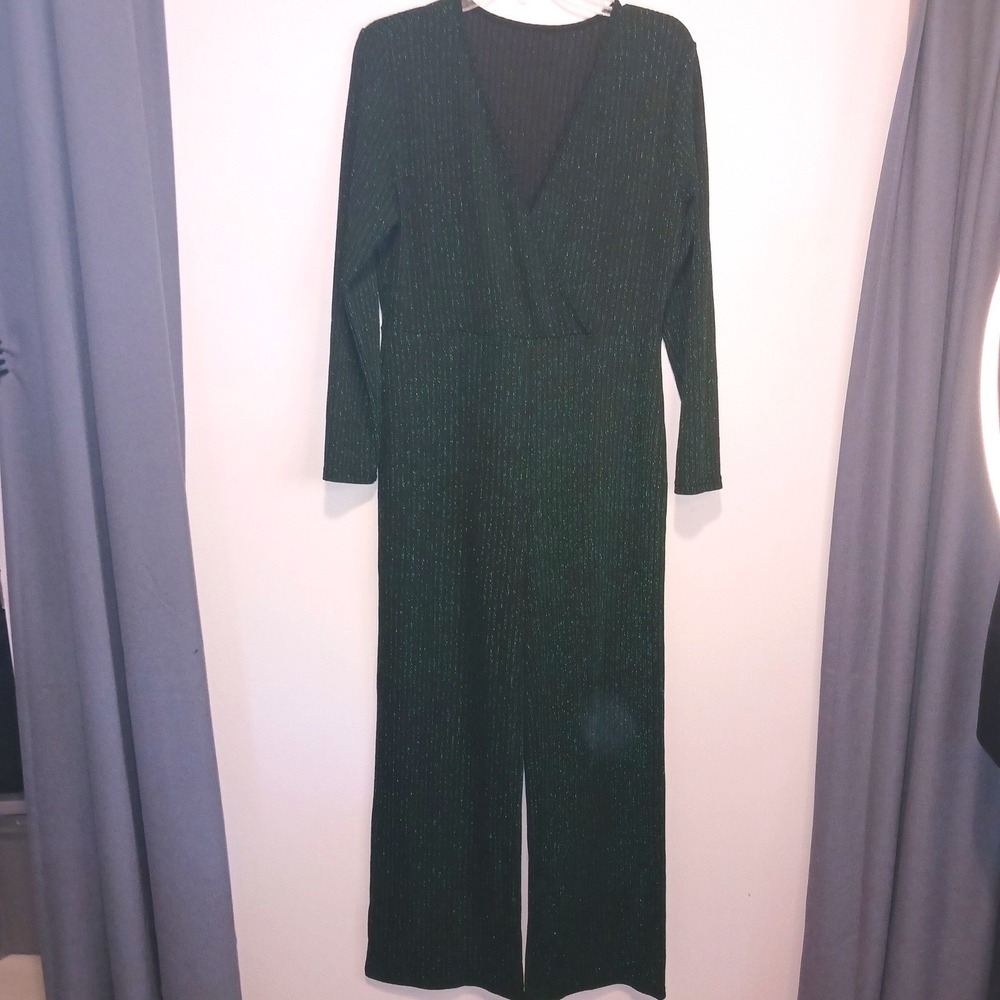 Holiday Party Disco Bling Sparkle Green Metallic Long Sleeve Wide Leg Jumpsuit L